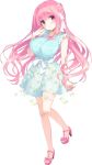  1girl anneliese blue_dress dress eyebrows_visible_through_hair floral_print flower full_body half_updo hand_on_own_face high_heels highres kimagure_temptation kimishima_ao long_hair looking_at_viewer official_art open_toe_shoes pink_eyes pink_flower pink_hair sheer_clothes sleeveless sleeveless_dress smile solo transparent_background 