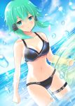  1girl aqua_eyes aqua_hair bikini black_bikini blue_sky breasts cleavage cloud commentary_request day dutch_angle hair_ornament hairclip highres holding holding_innertube horizon innertube looking_at_viewer medium_breasts ocean outdoors short_hair sinon sky soaking_feet solo standing swimsuit sword_art_online uonuma_yuu water 