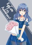 1girl alternate_costume alternate_hairstyle anniversary bangs bare_shoulders blue_dress blue_eyes blue_hair blush bouquet commentary_request dress eyebrows_visible_through_hair flower gotland_(kantai_collection) grey_background hair_between_eyes hair_down highres jewelry kantai_collection kodama_(mmt_uf) long_hair mole mole_under_eye nail_polish necklace off-shoulder_dress off_shoulder open_mouth pink_flower pink_rose rose simple_background solo yellow_nails 