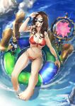  1girl bikini bird blue_eyes bracelet breasts brown_hair cleavage commentary_request fate/grand_order fate_(series) innertube jewelry large_breasts leonardo_da_vinci_(fate/grand_order) long_hair looking_at_viewer mouth_hold nakaga_eri one_eye_closed red_bikini side-tie_bikini solo sunglasses swimsuit water 