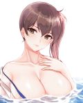  1girl bare_shoulders breasts brown_eyes brown_hair cleavage cocq_taichou collarbone expressionless hair_between_eyes hand_on_own_chest japanese_clothes kaga_(kantai_collection) kantai_collection kimono large_breasts long_hair looking_at_viewer no_bra off_shoulder side_ponytail simple_background solo water wet white_background white_kimono 