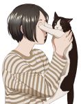  1girl animal black_hair cat covering_another&#039;s_eyes holding holding_animal holding_cat mattaku_mousuke original shirt short_hair striped striped_shirt upper_body white_background 