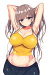  1girl absurdres armpits arms_behind_head bangs blush breasts brown_hair cleavage eyebrows_visible_through_hair fafas68 highres long_hair looking_at_viewer midriff mole mole_under_eye navel original purple_eyes simple_background solo sweat white_background 
