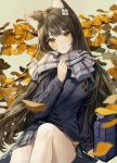  1girl alternate_costume animal_ear_fluff animal_ears bag bangs black_hair blue_sweater blush branch breasts cat_ears commentary_request eyebrows_visible_through_hair girls_frontline grey_background grey_scarf hair_ornament highres large_breasts leaf long_hair long_sleeves minncn plaid plaid_skirt qbz-95_(girls_frontline) scarf school_bag school_uniform skirt smile solo sweater yellow_eyes 