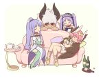  1boy 3girls 7dango7 alcohol armlet asterios_(fate/grand_order) aunt_and_niece black_sclera blue_hair blush boots bottle bracelet brown_wings caster caster_lily circe_(fate/grand_order) dress drunk euryale fate/grand_order fate/hollow_ataraxia fate/stay_night fate_(series) feathered_wings frilled_hairband frills gloves hairband head_wings headdress headpiece highres holding holding_bottle horns jewelry lolita_hairband long_hair magical_girl mismatched_gloves mismatched_legwear multiple_girls pointy_ears ponytail purple_hair red_eyes sake sake_bottle strapless strapless_dress thigh_boots thighhighs thighlet white_dress white_hair winged_hair_ornament wings 