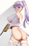  1girl absurdres ass bare_shoulders breasts character_request covered_nipples elbow_gloves fingerless_gloves from_behind gloves gun highres holding holding_gun holding_weapon large_breasts last_origin long_hair looking_at_viewer ponytail purple_hair red_eyes revealing_clothes romocha_(hosachi3784) simple_background solo weapon white_background white_gloves 