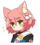  1girl 7th_dragon 7th_dragon_(series) animal_ear_fluff animal_ears bangs belt belt_buckle blue_jacket blush buckle cat_ears closed_mouth commentary_request cropped_torso eyebrows_visible_through_hair green_eyes hair_between_eyes hair_bobbles hair_ornament harukara_(7th_dragon) jacket looking_at_viewer naga_u notice_lines one_side_up pink_hair simple_background solo upper_body white_background white_belt 