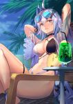  1girl ahoge arms_behind_head arms_up aviator_sunglasses azur_lane bangs bare_shoulders bikini bird black_bikini black_choker blush breasts brown_eyes chick choker cleavage collarbone criss-cross_halter crossed_legs cup drink drinking_glass eyewear_on_head halterneck highleg highleg_bikini highres large_breasts looking_at_viewer manjuu_(azur_lane) medium_hair navel palm_tree parted_lips sheer_clothes shimozuki_shio silver_hair sitting smile sunglasses swimsuit thighs tosa_(azur_lane) tosa_(hometown_zest)_(azur_lane) tree two-tone_bikini white_bikini 