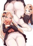  1girl abigail_williams_(fate/grand_order) ass bangs black_bow black_dress blonde_hair blue_eyes blush bow breasts closed_mouth crotch_seam dress dress_lift fate/grand_order fate_(series) forehead grin hair_bow highres leaning_back long_hair looking_at_viewer multiple_bows multiple_views orange_bow pantyhose parted_bangs polka_dot polka_dot_bow shimokirin simple_background sitting small_breasts smile spread_legs stuffed_animal stuffed_toy teddy_bear thighband_pantyhose thighs white_background white_legwear 