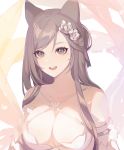  1girl :d animal_ears bangs bare_shoulders blush breasts brown_eyes brown_hair cat_ears cat_girl cleavage collarbone commentary criss-cross_halter english_commentary halterneck highres large_breasts long_hair looking_at_viewer mole mole_under_eye open_mouth original petals round_teeth saibe sidelocks simple_background smile swept_bangs teeth upper_body upper_teeth white_background 