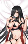  1girl azur_lane bare_shoulders bikini black_bikini black_hair breastless_clothes breasts dakimakura finger_to_mouth friedrich_der_grosse_(azur_lane) hair_over_one_eye large_breasts long_hair looking_at_viewer skindentation solo swimsuit thigh_strap very_long_hair yellow_eyes zui_ai_shuang_mawei 