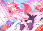  1girl animal_ear_fluff animal_ears artist_request bed bell bell_collar black_legwear bra breasts cat_paws cleavage coffee coffee_mug collar collarbone commentary commentary_request cup eyebrows_visible_through_hair fang fangs fate/extra fate/extra_ccc fate/grand_order fate_(series) fox_ears fox_girl fox_tail fujimaru_ritsuka_(female) gloves handheld_game_console highres jingle_bell large_breasts looking_at_viewer mug open_clothes open_mouth open_shirt paw_gloves paw_shoes paws pink_bra pink_hair playstation_portable riyo_(lyomsnpmp)_(style) shoes sitting solo stuffed_toy tablet_pc tail tamamo_(fate)_(all) tamamo_cat_(fate) tamamo_no_mae_(fate) underwear yellow_eyes 