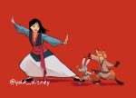  2020 action_pose anthro black_hair canid canine clothed clothing crossover disney fa_mulan female fox fully_clothed fur grey_body grey_fur group hair hi_res human judy_hopps lagomorph leporid long_ears long_hair male mammal mulan_(copyright) nick_wilde orange_body orange_fur pose rabbit red_background red_fox signature simple_background smile yuzutamago zootopia 