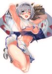  1girl armpits arms_up azur_lane black_hairband blue_collar blush breasts cheerleader collar commentary_request eagle_union_(emblem)_(azur_lane) eyebrows_visible_through_hair full_body hairband highres holding_pom_poms kawai looking_at_viewer midriff navel no_bra no_panties one_eye_closed open_mouth parted_hair pom_poms reno_(azur_lane) reno_(biggest_little_cheerleader)_(azur_lane) see-through see-through_skirt sheer_clothes shiny shiny_skin short_hair skirt solo twisted_torso two-tone_skirt underboob white_background white_footwear 