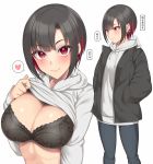  1girl bangs black_bra black_hair black_jacket black_pants blush bra breasts cleavage closed_mouth commentary copyright_request drawstring eyebrows_visible_through_hair eyeshadow feet_out_of_frame grey_hoodie heart highres hiiragi_hajime hood hood_down hoodie hoodie_lift jacket large_breasts lifted_by_self long_sleeves makeup multicolored_hair multiple_views open_clothes open_jacket pants purple_eyes red_hair short_hair simple_background smile speech_bubble spoken_heart standing translated two-tone_hair underwear upper_body white_background 