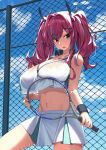  1girl azur_lane bangs bare_shoulders bow breast_press breasts bremerton_(azur_lane) bremerton_(scorching-hot_training)_(azur_lane) chain-link_fence cloud colored_eyelashes commentary cowboy_shot crop_top day fence grey_hair hair_between_eyes hair_bow hair_ornament hairclip heart heart_necklace holding_racket kylin large_breasts long_hair looking_at_viewer mole mole_under_eye multicolored_hair navel_piercing open_mouth piercing pink_eyes pink_hair pleated_skirt racket shirt skirt sleeveless sleeveless_shirt sportswear standing streaked_hair tennis_racket tennis_uniform thighs twintails two-tone_hair two-tone_shirt two-tone_skirt wet wet_clothes x_hair_ornament 