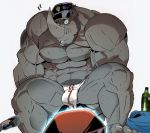  2018 abs anthro beard biceps big_muscles black_hair black_nipples bodily_fluids body_hair bulge chest_hair clothed clothing facial_hair gray_horn grey_body grey_skin hair hat headgear headwear hi_res huge_muscles male mammal muscular muscular_male nipples pecs quads red_eyes rhinocerotoid sitting solo sweat thymilph topless triceps underwear veiny_muscles 