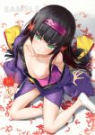  1girl bare_shoulders bishoujo_mangekyou black_hair breasts english_text green_eyes happoubi_jin japanese_clothes kimono long_hair pasties renge_(bishoujo_mangekyou) sample shiny shiny_skin sitting small_breasts smile solo white_legwear 