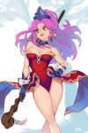  1girl angela_(seiken_densetsu_3) bare_shoulders breasts cleavage gloves green_eyes large_breasts leotard long_hair optionaltypo pointy_ears ponytail purple_hair red_leotard seiken_densetsu seiken_densetsu_3 solo staff 