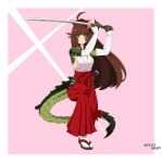  1girl absurdres ahoge artist_name bangs bare_shoulders blunt_bangs breasts brown_hair commentary detached_sleeves dragon_girl dragon_tail english_commentary full_body hair_ribbon hakama hakama_skirt hands_up head_fins highres hip_vent holding holding_sword holding_weapon japanese_clothes katana long_hair looking_at_viewer medium_breasts original parted_lips pink_background pleated_skirt ponytail red_hakama red_ribbon reddgeist ribbon sandals scales sheath sidelocks simple_background skirt solo sword tabi tail very_long_hair weapon white_footwear yellow_eyes 