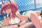  1girl artist_name azur_lane bangs bare_shoulders beach bench blue_sky blurry bottle bow breasts bremerton_(azur_lane) bremerton_(scorching-hot_training)_(azur_lane) chain-link_fence cleavage commentary crop_top depth_of_field english_commentary eyelashes fence grey_hair hair_between_eyes hair_bow hair_ornament hairclip heart heart_necklace large_breasts long_hair looking_at_viewer lying mole mole_on_breast mole_under_eye multicolored_hair on_stomach one_eye_closed outdoors pink_eyes pink_hair see-through shellvi shirt sky sleeveless sleeveless_shirt streaked_hair thighs twintails two-tone_hair two-tone_shirt water water_bottle x_hair_ornament 