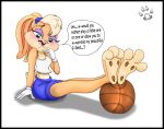  3_toes anthro ball basketball_(ball) black_border blush border clothed clothing english_text female lagomorph leporid lola_bunny looking_at_viewer looney_tunes mammal pawneddyfurry pawpads paws rabbit soles solo text toes warner_brothers 