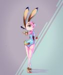  anthro blue_eyes butt butt_pose clothed clothing female fully_clothed fur lagomorph leporid looking_back mammal one_eye_closed pose rabbit ribbontail_(character) simple_background smile solo vulpesvant wink 