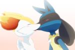  2019 anthro blue_ears blush braixen cheek_tuft chest_spike duo eyes_closed facial_tuft food fur fur_tuft imminent_kiss kemonobito lucario multicolored_body multicolored_fur nintendo open_mouth pocky pocky_game pok&eacute;mon pok&eacute;mon_(species) spikes tuft video_games white_body white_fur yellow_body yellow_ears yellow_fur 