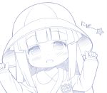  1girl bangs blush collared_shirt eyebrows_visible_through_hair furude_rika gaou greyscale hands_on_headwear hands_up hat higurashi_no_naku_koro_ni kindergarten_uniform long_hair long_sleeves looking_at_viewer monochrome name_tag open_mouth school_hat shirt simple_background sleeves_past_wrists solo star translation_request upper_body white_background 
