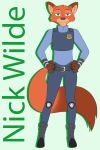  2020 anthro belt black_nose canid canine cheek_tuft clothed clothing disney facial_tuft fox fully_clothed fur green_background green_eyes hands_on_hips head_tuft hi_res mammal nick_wilde orange_body orange_fur police_uniform red_fox rosaegold simple_background smile solo standing tuft uniform zootopia 