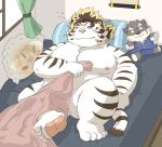  2020 anthro balls bed bedding belly blanket blush clothing detailed_background erection erection_under_clothing felid fur furniture genitals hon55728 kemono licho_(tas) male mammal moobs moritaka nipples overweight overweight_male pantherine pillow plushie solo tiger tired tokyo_afterschool_summoners video_games white_body white_fur 