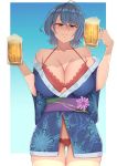  1girl ahoge alcohol bangs bare_shoulders blue_background blue_eyes blue_hair blue_kimono blush bow bra breasts cleavage closed_mouth cowboy_shot cup dead_or_alive dead_or_alive_6 dead_or_alive_xtreme eyebrows_visible_through_hair gradient gradient_background hair_between_eyes hair_bow highlights holding holding_cup japanese_clothes kimono large_breasts mole mole_under_eye multicolored_hair obi off-shoulder_kimono panties red_bra red_panties sash short_hair short_kimono smile taiko3000cc tamaki_(doa) thigh_gap thighs underwear 