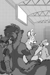  2019 2:3 anthro antlers arm_wraps cervid fangs grin group hair hi_res horn lagomorph laugh leporid logan_(pit_fighters) male mammal mephitid monitor monochrome nude open_mouth paris_(pit_fighters) pit_fighters procyonid rabbit raccoon rick_griffin skunk smile spotted_skunk teeth wraps 