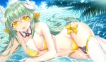  1girl aqua_hair bangs bare_shoulders bikini blush bow breasts cleavage commentary_request eyebrows_visible_through_hair fate/grand_order fate_(series) hair_between_eyes hair_bow horns in_water kiyohime_(fate/grand_order) kiyohime_(swimsuit_lancer)_(fate) large_breasts long_hair looking_at_viewer lying morizono_shiki navel on_side open_mouth smile solo swimsuit thighhighs very_long_hair white_legwear yellow_bikini yellow_eyes 