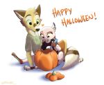  &lt;3 2018 absurd_res anthro black_nose brown_body brown_fur canid canine cheek_tuft clothed clothing duo english_text facial_tuft food fox fruit fur head_tuft hi_res lagomorph leporid mammal neck_tuft plant pumpkin pumpkin_carving rabbit ribbontail_(character) ribbontini signature simple_background sitting text tongue tongue_out tuft vulpesvant_(character) white_background yellow_body yellow_fur 