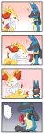  1:3 2020 4koma absurd_res ambiguous_gender anthro blue_ears bodily_fluids braixen cheek_tuft chest_spike comic duo eyes_closed facial_tuft fur fur_tuft heart_box hi_res kemonobito lucario nintendo open_mouth pok&eacute;mon pok&eacute;mon_(species) red_eyes running side_view speech_bubble spikes sweat sweatdrop tuft video_games white_body white_fur white_tuft yellow_body yellow_ears yellow_fur yellow_tail 