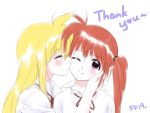  aegiszan blonde_hair blush brown_hair cheek_kiss closed_eyes collared_shirt couple english_text happy kiss long_hair lyrical_nanoha mahou_shoujo_lyrical_nanoha mahou_shoujo_lyrical_nanoha_a&#039;s neck_ribbon one_eye_closed purple_eyes red_ribbon ribbon school_uniform shirt side_ponytail simple_background smile uniform white_background white_shirt yuri 