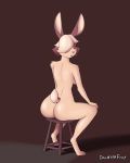  4:5 absurd_res anthro breasts butt chair davidsone female furniture hi_res lagomorph leporid long_ears mammal nude pink_nose rabbit rear_view side_boob solo wynet_(foxialist) 
