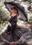  1girl absurdres animal_ears arknights bag bangs black_headwear black_jacket black_skirt black_umbrella blush brown_hair cat_ears commentary_request cowboy_shot eyebrows_visible_through_hair green_eyes hat highres holding holding_umbrella jacket long_sleeves looking_at_viewer mini_hat mousse_(arknights) nose_blush parted_lips petticoat short_hair skirt solo swept_bangs trrcmb umbrella 