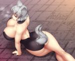  all_fours animal_humanoid arm_support big_breasts big_butt bodily_fluids breasts breath butt canid canid_humanoid canine canine_humanoid cleavage clothed clothing curvaceous curvy_figure female fur grey_body grey_fur grey_hair hair hi_res high-angle_view huge_breasts humanoid light_skin looking_at_viewer looking_back mammal mammal_humanoid momiji_inubashiri monotone_hair on_ground one-piece_swimsuit open_mouth pinup pose rear_view red_eyes short_hair small_waist solo sweat swimwear tight_clothing tochinoko touhou video_games voluptuous wide_hips wolf_humanoid 