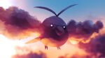  absurdres beak black_eyes blurry closed_mouth cloud commentary flying higa-tsubasa highres no_humans outdoors pokemon pokemon_(creature) sky solo swablu twilight 