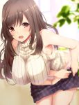  1girl :0 armpits bangs bare_arms blue_skirt blurry blurry_background blurry_foreground blush breasts brown_eyes brown_hair eyebrows_visible_through_hair highres hunched_over idolmaster idolmaster_shiny_colors indoors large_breasts leaf long_hair looking_at_viewer open_mouth panties plaid plaid_skirt plant ribbed_shirt ryuu. shirt sidelocks skirt skirt_lift sleeveless solo sunlight tsukioka_kogane turtleneck underwear undressing white_panties window 