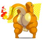  alternate_version_at_source anthro backsack balls big_butt butt charmander fire genitals green_eyes hi_res looking_at_viewer looking_back male nintendo pok&eacute;mon pok&eacute;mon_(species) rear_view reptile scalie simple_background smile solo sssonic2 thick_thighs video_games 