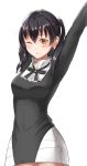  1girl ;3 alternate_costume arm_behind_head arm_up artist_name bangs black_dress black_hair black_neckwear blush breasts closed_mouth cowboy_shot dress en&#039;en_no_shouboutai eyebrows_visible_through_hair hair_between_eyes highres katsuki_natsu long_hair looking_at_viewer medium_breasts one_eye_closed orange_eyes simple_background solo standing tamaki_kotatsu twintails white_background 