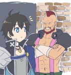  2boys arakuremono_(konosuba) armor beard black_hair blue_eyes brick_wall cape creator_connection facial_hair guma_(gumaguma228) kono_subarashii_sekai_ni_shukufuku_wo! mohawk multiple_boys mustache princess_connect! princess_connect!_re:dive suspenders tagme yuuki_(princess_connect) 