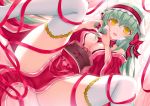  1girl aqua_hair ass bangs blush breasts cleavage commentary_request dragon_horns eyebrows_visible_through_hair fate/grand_order fate_(series) finger_heart from_below green_hair hair_ribbon horns japanese_clothes kimono kiyohime_(fate/grand_order) large_breasts long_hair looking_at_viewer morizono_shiki open_mouth red_kimono red_ribbon ribbon smile solo spread_legs thighhighs very_long_hair white_legwear yellow_eyes 