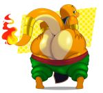  alternate_version_at_source anthro barely_visible_genitalia big_butt butt charmander clothing fire genitals green_eyes hi_res looking_at_viewer looking_back male nintendo pok&eacute;mon pok&eacute;mon_(species) rear_view reptile scalie simple_background smile solo sssonic2 thick_thighs video_games 