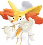  black_eyes braixen chief_hat clothed clothing fur holding_object looking_at_viewer low_res nintendo open_mouth orange_clothing pok&eacute;mon pok&eacute;mon_(species) simple_background solo unknown_artist video_games white_background white_body white_clothing white_fur yellow_body yellow_ears yellow_fur 