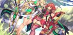  2girls bangs bare_shoulders blonde_hair blurry blurry_background breasts chest_jewel cleavage cleavage_cutout covered_navel day dress dutch_angle earrings fingerless_gloves gem gloves hair_ornament headpiece highres hikari_(xenoblade_2) homura_(xenoblade_2) jewelry large_breasts legs long_hair looking_at_viewer multiple_girls outdoors red_eyes red_footwear red_hair red_shorts short_dress short_hair short_shorts shorts skin_tight skindentation swept_bangs sword thigh_strap thighhighs tiara weapon white_dress xenoblade_(series) xenoblade_2 yellow_eyes yui_sora 