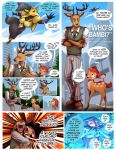  anthro bambi bambi_(film) beastars bodily_fluids canid canine canis cervid comic crying dialogue digimon digimon_(species) disney english_text female feral fox group hi_res hug hybrid legoshi_(beastars) louis_(beastars) male mammal nauyaco prosthetic prosthetic_leg prosthetic_limb renamon tears text wolf 